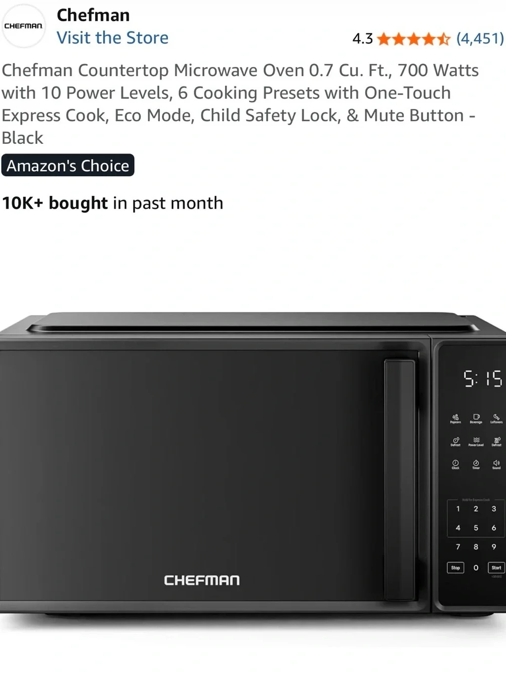 Chefman Black Countertop Microwave Oven - 0.7 Cu. Ft., 700W